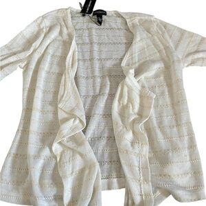 Karen Brooks Medium Long Knit Open Front Drape Sweater Striped White Tan NWT